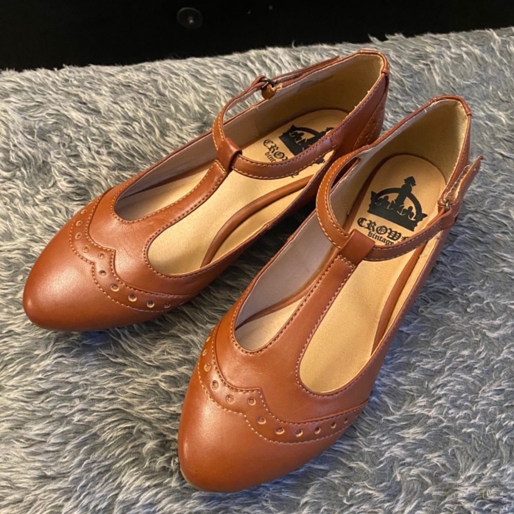 Brown Crown Vintage T Strap Shoes